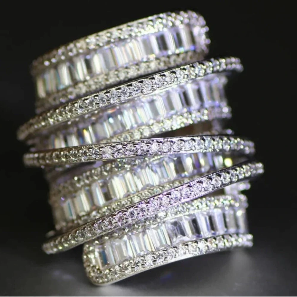 Sterling Silver Baguette Cubic Zircon Multilayer Cross Over Statement Ring